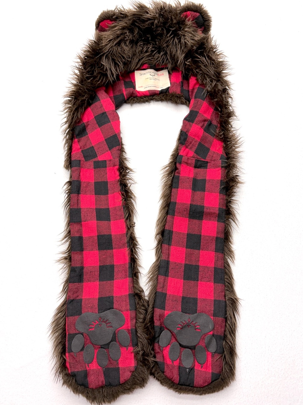 SpiritHoods Kids Brown Bear Hood Scarf Faux Fur Plaid USA Made 2011